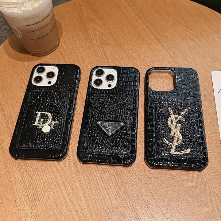 ブランド dior prada ysl ワニ柄 黒 背面にカード入れ付きiphone16ケース